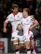 27 March 2015; Paul Marshall, Ulster, is congratulated by Chris Henry after scoring his sides fourth and bonus try. Guinness PRO12, Round 18, Ulster v Cardiff Blues. Kingspan Stadium, Ravenhill Park, Belfast. Picture credit: Oliver McVeigh / SPORTSFILE