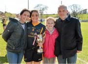 21 March 2015; DCU's Caoimhe O'Sullivan, from Listowel Emmets, Co. Kerry, along with her mother Deirdre O'Sullivan, sister Grace O'Sullivan, and father Kevin O'Sullivan, celebrate with the cup after defeating DIT. Lynch Cup Ladies Football Final, Dublin Institute of Technology v Dublin City University, Cork IT, Bishopstown, Cork. Picture credit: Diarmuid Greene / SPORTSFILE