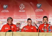 28 March 2015; Poland head coach Adam Nawalka, with players Arkadiusz Milik and Grzegorz Krychowiak, during a press conference. Marker Hotel, Dublin. Picture credit: David Maher / SPORTSFILE