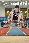 28 March 2015; Jordan McDaid, Finn Valley A.C, in action during the Boy's Under 17 Long Jump event during day three of the GloHealth Juvenile Indoor Track and Field Championships. Athlone International Arena, Athlone, Co. Westmeath. Picture credit: Ramsey Cardy / SPORTSFILE