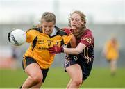 28 March 2015; Sinead DeBhuilde, Coláiste Íosagáin SS, Stillorgan, in action against Aoife McConnell, Loreto Omagh. TESCO All Ireland PPS Junior A Final, Coláiste Íosagáin S.S. Stillorgan, Dublin v Loreto Omagh, Tyrone. Inniskeen, Co. Monaghan. Picture credit: Oliver McVeigh / SPORTSFILE