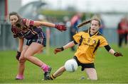 28 March 2015; Grace Ni She, Coláiste Íosagáin SS, Stillorgan, in action against Niamh McConnell, Loreto Omagh. TESCO All Ireland PPS Junior A Final, Coláiste Íosagáin S.S. Stillorgan, Dublin v Loreto Omagh, Tyrone. Inniskeen, Co. Monaghan. Picture credit: Oliver McVeigh / SPORTSFILE