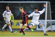 28 March 2015; Mark Ludlow, Donnycarney United, in action against Gary Young, Liffey Wanderers, right. Aviva FAI Junior Cup Quarter-Final, Liffey Wanderers v Donnycarney United. Pearse Park, Crumlin, Dublin. Picture credit: Pat Murphy / SPORTSFILE