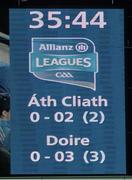 28 March 2015; The half-time score with Derry leading Dublin 0-3 to 0-2. Allianz Football League, Division 1, Round 6, Dublin v Derry. Croke Park, Dublin. Picture credit: Brendan Moran / SPORTSFILE