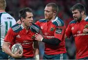 28 March 2015; Andrew Smith, Munster, celebrates with team-mates Keith Earls and Duncan Casey after scoring his side's third try. Guinness PRO12, Round 18, Munster v Connacht. Thomond Park, Limerick. Picture credit: Diarmuid Greene / SPORTSFILE