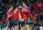 28 March 2015; Munster's Denis Hurley is congratulated by team-mates Neil Cronin, left, and Andrew Smith, after scoring his side's fourth try. Guinness PRO12, Round 18, Munster v Connacht. Thomond Park, Limerick. Picture credit: Diarmuid Greene / SPORTSFILE
