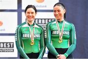 28 March 2015; Ireland’s Katie-George Dunlevy and pilot Eve Mc Crystal on the podium with their bronze medals for the Women's B (Tandem) 3 Km pursuit track race in a time of 3:39.549. 2015 UCI Para-cycling Track World Championships. Omnisport Apeldoorn, De Voorwaarts 55, 7321 MA Apeldoorn, Netherlands. Picture credit: Jean Baptiste Benavent / SPORTSFILE