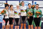 28 March 2015; Ireland’s Katie-George Dunlevy and pilot Eve Mc Crystal on the podium with their bronze medals for the Women's B (Tandem) 3 Km pursuit track race in a time of 3:39.549. Also pictured are winners Laura Fairweather and Emma Foy, New Zealand, centre, and silver medalists Yurie Kanuma and Mai Tanaka, Japan. 2015 UCI Para-cycling Track World Championships. Omnisport Apeldoorn, De Voorwaarts 55, 7321 MA Apeldoorn, Netherlands. Picture credit: Jean Baptiste Benavent / SPORTSFILE