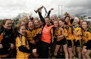 28 March 2015; Coláiste Íosagáin SS Stillorgan manager Ellen NicPhiarais and her team celebrate after the game. TESCO All Ireland PPS Junior A Final, Coláiste Íosagáin S.S. Stillorgan, Dublin v Loreto Omagh, Tyrone. Inniskeen, Co. Monaghan. Picture credit: Oliver McVeigh / SPORTSFILE