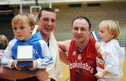 30 March 2008; John Teahan, Abrakebabra Tigers, left, with sons Sean, age 6, and Ronan, age 2, and team-mate Kieran Donaghy after the match. Nivea For Men's SuperLeague Final, Abrakebabra Tigers v Dart Killester, University of Limerick, Limerick. Picture credit: Stephen McCarthy / SPORTSFILE