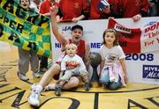 30 March 2008; John Teahan, Abrakebabra Tigers, celebrates with his son Ronan, age 2, and daughter Caoimhe, age 8, after the match. Nivea For Men's SuperLeague Final, Abrakebabra Tigers v Dart Killester, University of Limerick, Limerick. Picture credit: Stephen McCarthy / SPORTSFILE