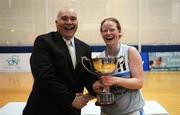 29 March 2008; Mary White, Singleton Supervalu Donoughmore, is presented with the cup by Sean O'Reilly, Basketball Ireland. Basketball Ireland  Women's Division One Final, Oblate Dynamo's v Singleton Supervalu Donoughmore. University of Limerick, Limerick. Picture credit: Stephen McCarthy / SPORTSFILE