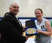 29 March 2008; Mary White, Oblate Dynamo’s, is presented with the MVP by Sean O'Reilly, Basketball Ireland. Basketball Ireland  Women's Division One Final, Oblate Dynamo's v Singleton Supervalu Donoughmore. University of Limerick, Limerick. Picture credit: Stephen McCarthy / SPORTSFILE