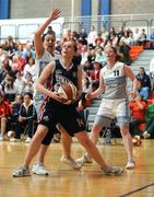 29 March 2008; Micheel Hynes, Oblate Dynamo’s, in action against Deidre Leahy, left, and Mary White, Singleton Supervalu Donoughmore. Basketball Ireland  Women's Division One Final, Oblate Dynamo's v Singleton Supervalu Donoughmore. University of Limerick, Limerick. Picture credit: Stephen McCarthy / SPORTSFILE