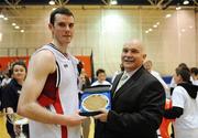 29 March 2008; Eoin Quill, Tolka Rovers, is presented with the MVP by Sean O'Reilly, Basketball Ireland. Basketball Ireland Men’s Division One Final, Tolka Rovers v Team Meadowland’s St. Brendan’s, University of Limerick, Limerick. Picture credit: Stephen McCarthy / SPORTSFILE