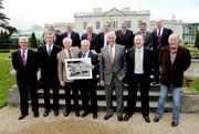 31 March 2008; Lucozade Sport and the Association of Sports Journalists in Ireland joined forces to honour the historic All-Ireland 'Shamrock Rovers XI' that played Brazil at Lansdowne Road on 3rd July 1973. It was the first occasion that a soccer team representing the entire island of Ireland had played together in 60 years and thirty-five years later this has still never been repeated. The players that made up that famous All-Ireland side, that was one of the most significant sporting events in this country, in the second half of the 20th Century, were, back row from left, Miah Dennehy, David Craig, Paddy Mulligan, Martin O'Neil, Allan Hunter, Ray Treacy, who did not play, and Liam O'Kane. Front row from left, Bryan Hamilton, Pat Jennings, Liam Touhy, manager, Johnny Giles, Don Givens, Terry Conroy, and Mick Martin, not pictured Derek Dougan and Tommy Carroll. Radisson SAS Hotel, Stillorgan, Dublin. Picture credit: Pat Murphy / SPORTSFILE