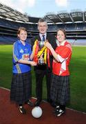 31 March 2008; Eugene Baker, from Pat the Baker, with Nicola Fahy, left, and Catriona Trainor, from St. Louis Secondary School, Monaghan, ahead of the Pat the Baker All-Ireland Post Primary Schools Ladies Football Semi-finals. Croke Park, Dublin. Photo by Sportsfile