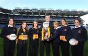 31 March 2008; Eugene Baker, from Pat the Baker, with from left, Claire Killian, Heather McCormack, Claire Kelly, Triona Geoghegan, Stacey Holloway and Shona Egan, from Moate Community School, ahead of the Pat the Baker All-Ireland Post Primary Schools Ladies Football Semi-finals. Croke Park, Dublin. Photo by Sportsfile