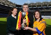 31 March 2008; Eugene Baker, from Pat the Baker, with Anna Moore, left, and Deirdre O'Shea, from St. Leo's College, Carlow, ahead of the Pat the Baker All-Ireland Post Primary Schools Ladies Football Semi-finals. Croke Park, Dublin. Photo by Sportsfile