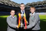31 March 2008; Eugene Baker, from Pat the Baker, with Gillian O'Connor, left, and Deirdre Lawless, from Presentation College Headford, Co. Galway, ahead of the Pat the Baker All-Ireland Post Primary Schools Ladies Football Semi-finals. Croke Park, Dublin. Photo by Sportsfile
