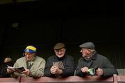 15 March 2015; Tipperary supporters, from left, Seamus O'Donoghue, Brendan Cussen, and Dominic Browne, all from Dundrum, Co. Tipperary, discuss the teams before the game. Allianz Football League, Division 3, Round 5, Louth v Tipperary, Gaelic Grounds, Drogheda, Co. Louth. Picture credit: Brendan Moran / SPORTSFILE