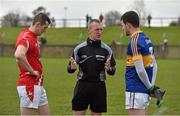 15 March 2015; Referee Brendan Rice speaks to team captains Dessie Finnegan, Louth, and Paddy Codd, Tipperary, before the game. Allianz Football League, Division 3, Round 5, Louth v Tipperary, Gaelic Grounds, Drogheda, Co. Louth. Picture credit: Brendan Moran / SPORTSFILE
