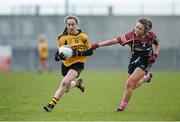 28 March 2015; Grace NiShe, Coláiste Íosagáin S.S. Stillorgan, in action against Niamh McConnell, Loreto Omagh. TESCO All Ireland PPS Junior A Final, Coláiste Íosagáin S.S. Stillorgan, Dublin v Loreto Omagh, Tyrone. Inniskeen, Co. Monaghan. Picture credit: Oliver McVeigh / SPORTSFILE