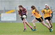 28 March 2015; Caitlin Kelly, Loreto Omagh, in action against Sinead Ni Dhonnchu,Coláiste Íosagáin SS Stillorgan. TESCO All Ireland PPS Junior A Final, Coláiste Íosagáin S.S. Stillorgan, Dublin v Loreto Omagh, Tyrone. Inniskeen, Co. Monaghan. Picture credit: Oliver McVeigh / SPORTSFILE