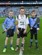 28 March 2015; Dublin mascots Conor Newton, nine years, left, and Cillian Keegan, 9, both from St. Fiachra's National School, with young referee Mark Connellan, St Patrick's NS, Diswellstown,  before the game. Allianz Hurling League, Division 1, Quarter-Final, Dublin v Limerick. Croke Park, Dublin. Picture credit: Ray McManus / SPORTSFILE