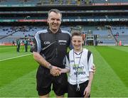 28 March 2015; Match referee Diarmuid Kirwan withyoung referee Mark Connellan, St Patrick's NS, Diswellstown, before the game. Allianz Hurling League, Division 1, Quarter-Final, Dublin v Limerick. Croke Park, Dublin. Picture credit: Ray McManus / SPORTSFILE