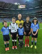28 March 2015; Match referee Conor Lane with mascot Daniel Sheridan, Scoil Mhuire, Howth; young referee Fionn Halligan, St Pius NS, Tempelogue; mascot Sean McCabe, Gael Scoil Míde, Kilbarrack; young referee Jasmin Kamtoh, Holy Trinity, NS; and mascot Clodagh McCahey, Gael Scoil Chnoc Lamhna, Knocklyon, before the game. Allianz Football League, Division 1, Round 6, Dublin v Derry. Croke Park, Dublin. Picture credit: Ray McManus / SPORTSFILE