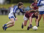 29 March 2015; Nicola Ward, Galway, in action against Cora Courtney, Monaghan. TESCO HomeGrown Ladies National Football League, Division 1, Round 6, Monaghan v Galway. Magheracloone, Co. Monaghan. Photo by Sportsfile