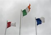 29 March 2015; The Galway, Ireland and Waterford flags fly in strong wind before the game. Allianz Hurling League, Division 1, Quarter-Final, Waterford v Galway. Walsh Park, Waterford. Picture credit: Piaras Ó Mídheach / SPORTSFILE