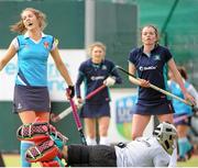 29 March 2015; Aine Curran, left, Ulster Elks, celebrates scoring her sides only goal. Irish Senior Women's Cup Final, Hermes v Ulster Elks. National Hockey Stadium, UCD, Belfield, Dublin. Picture credit: Tomás Greally / SPORTSFILE