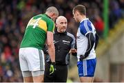 29 March 2015; Referee Marty Duffy speaks with Kieran Donaghy, Kerry, and Vinny Corey, Monaghan. Allianz Football League, Division 1, Round 6, Kerry v Monaghan. Austin Stack Park, Tralee, Co. Kerry. Picture credit: Stephen McCarthy / SPORTSFILE