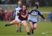 29 March 2015; Nicola Ward, Galway, in action against Cora Courtney, Monaghan. TESCO HomeGrown Ladies National Football League, Division 1, Round 6, Monaghan v Galway. Magheracloone, Co. Monaghan. Photo by Sportsfile
