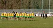 29 March 2015; The Donegal and Tyrone teams stand for the national Anthem. Allianz Football League, Division 1, Round 6, Donegal v Tyrone. MacCumhail Park, Ballybofey, Co. Donegal. Picture credit: Oliver McVeigh / SPORTSFILE