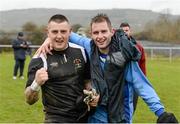 29 March 2015; North End Utd goalkeeper Lee Walker, left, and Declan Downes celebrate victory over Moyross Utd after a penalty shoot-out. Aviva FAI Junior Cup, Quarter-Final, Moyross Utd v North End Utd. Moyross, Limerick. Picture credit: Diarmuid Greene / SPORTSFILE
