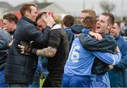 29 March 2015; North End Utd players celebrate victory over Moyross Utd after a penalty shoot-out. Aviva FAI Junior Cup, Quarter-Final, Moyross Utd v North End Utd. Moyross, Limerick. Picture credit: Diarmuid Greene / SPORTSFILE