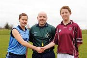 4 April 2008; Referee Derek Byrne, Limerick, with captains Trisha Murphy, St. Mary's Mallow, left, and Emer Leonard, Presentation College Tuam, ahead of the game. Pat the Baker Ladies Football Post Primary Schools Senior A semi-final, St. Mary's Mallow, Cork v Presentation College Tuam, Galway, Toomevara, Co. Tipperary. Picture credit: Stephen McCarthy / SPORTSFILE