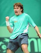 11 April 2008; Louk Sorensen, Ireland, celebrates after winning a game against Mounir el Aarej, Morocco. Davis Cup, Euro Africa Zone, Group II, Ireland v Morocco, Fitzwilliam LTC, Dublin. Photo by Sportsfile