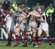 11 April 2008; Ulster's Tom Court, second from left, is congratulated by team-mates Bryan Cunningham, Rory Best and Andrew Trimble after scoring his sides second try. Magners League, Ulster v Connacht, Ravenhill Park, Belfast, Co. Anrim. Picture credit: Oliver McVeigh / SPORTSFILE