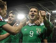29 March 2015; Republic of Ireland's Shane Long, 9, celebrates with team-mates, from left to right, Seamus Coleman, Wesley Hoolahan and James McClean after scoring his side's equalising goal. UEFA EURO 2016 Championship Qualifier, Group D, Republic of Ireland v Poland. Aviva Stadium, Lansdowne Road, Dublin. Picture credit: David Maher / SPORTSFILE