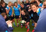 29 March 2015; Captain Gemma Frazer, celebrates with her Ulster Elks team mates after their victory in the Irish Senior Women's Cup Final, Hermes v Ulster Elks. National Hockey Stadium, UCD, Belfield, Dublin. Picture credit: Tomás Greally / SPORTSFILE