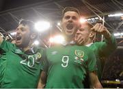 29 March 2015; Shane Long, Republic of Ireland, celebrates after scoring his side's equalizing goal with team-mate Wesley Hoolahan. UEFA EURO 2016 Championship Qualifier, Group D, Republic of Ireland v Poland. Aviva Stadium, Lansdowne Road, Dublin. Picture credit: David Maher / SPORTSFILE
