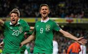 29 March 2015; Shane Long, Republic of Ireland, celebrates after scoring his side's equalizing goal with Wesley Hoolahan. UEFA EURO 2016 Championship Qualifier, Group D, Republic of Ireland v Poland. Aviva Stadium, Lansdowne Road, Dublin. Picture credit: David Maher / SPORTSFILE