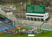 30 March 2015; A general view of the participating children standing for the National Anthem during the opening day of the National Go Games. Croke Park, Dublin Picture credit: David Maher / SPORTSFILE