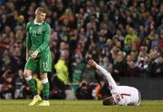 29 March 2015; James McClean, Republic of Ireland, reacts after a tackle on Arkadiusz Milik, Poland. UEFA EURO 2016 Championship Qualifier, Group D, Republic of Ireland v Poland. Aviva Stadium, Lansdowne Road, Dublin. Picture credit: Ramsey Cardy / SPORTSFILE