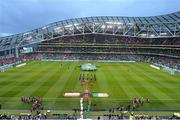 29 March 2015; The Republic of Ireland and Poland teams walk onto the pitch ahead of the game. UEFA EURO 2016 Championship Qualifier, Group D, Republic of Ireland v Poland. Aviva Stadium, Lansdowne Road, Dublin. Picture credit: Brendan Moran / SPORTSFILE