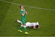 29 March 2015; Robbie Brady, Republic of Ireland, reacts after giving away a free kick for a foul on Slawomir Peszko, Poland. UEFA EURO 2016 Championship Qualifier, Group D, Republic of Ireland v Poland. Aviva Stadium, Lansdowne Road, Dublin. Picture credit: Brendan Moran / SPORTSFILE